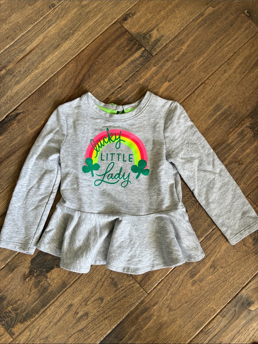 Cat & Jack Gray Long Sleeve Peplum Top with Rainbow & Green Shamrocks